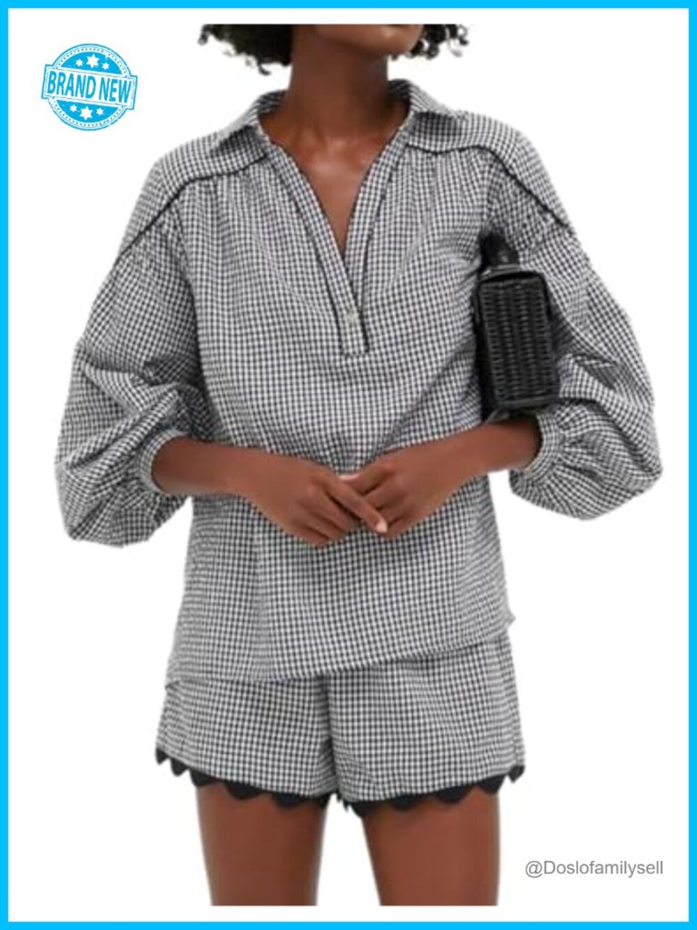 Gingham 2 Piece Short Set 100% Cotton Puff Sleeve Scalloped Hem Women's